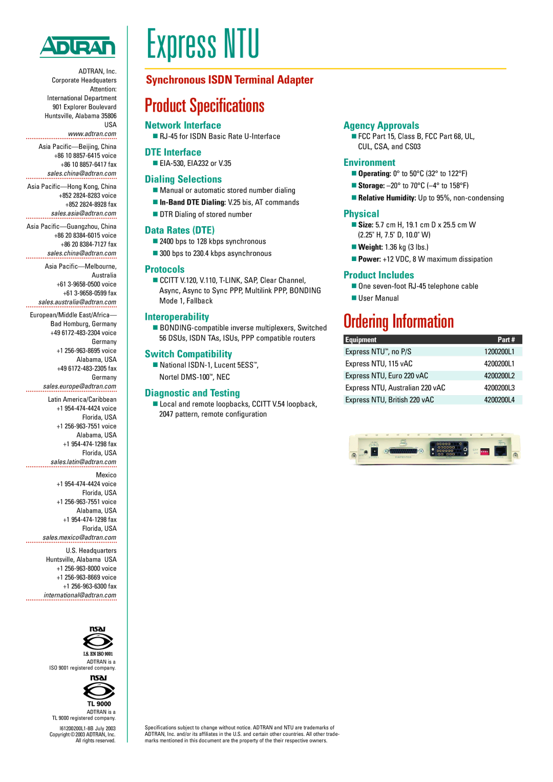 ADTRAN ISDN Terminal Adapter manual Product Specifications, Ordering Information 