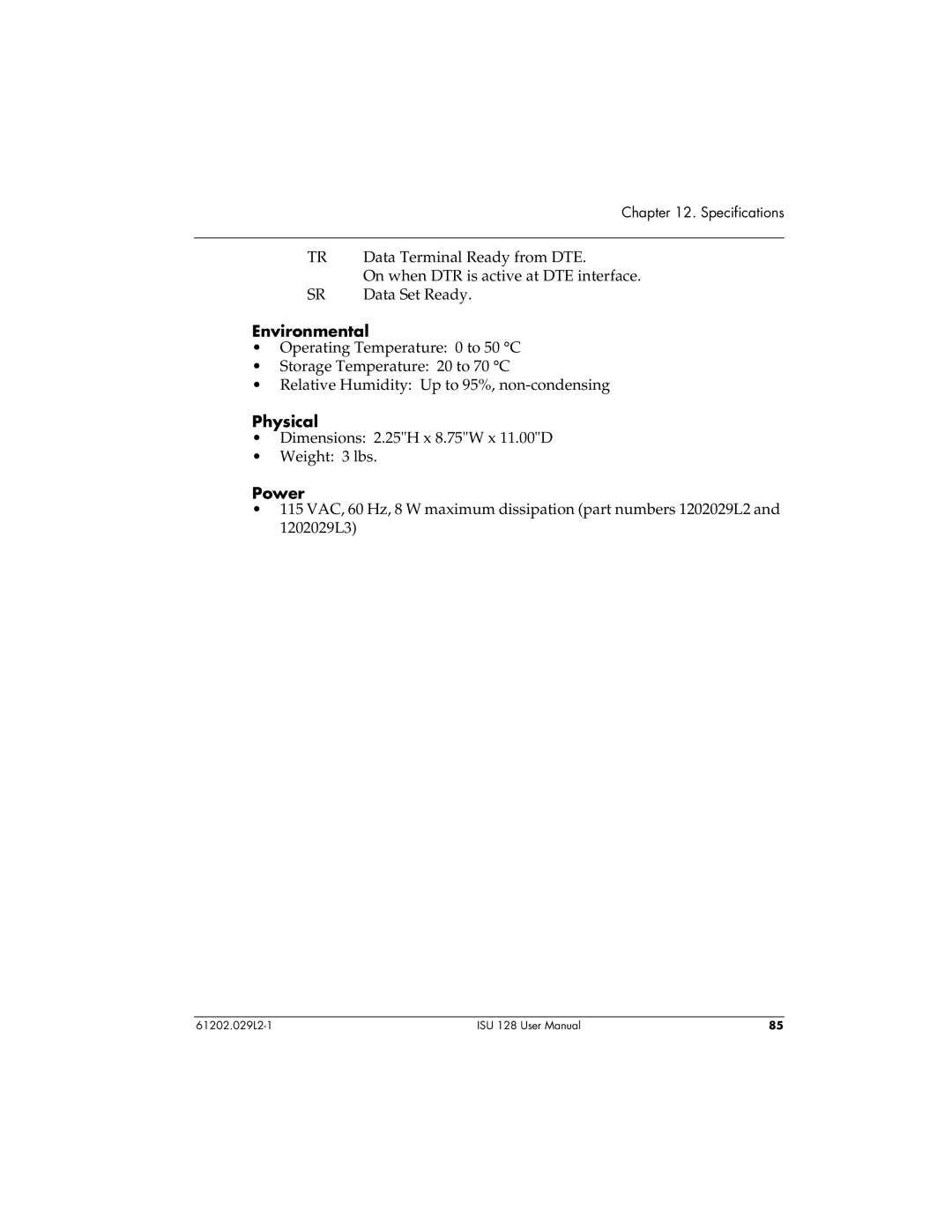 ADTRAN ISU 128 user manual Environmental, Physical, Power 