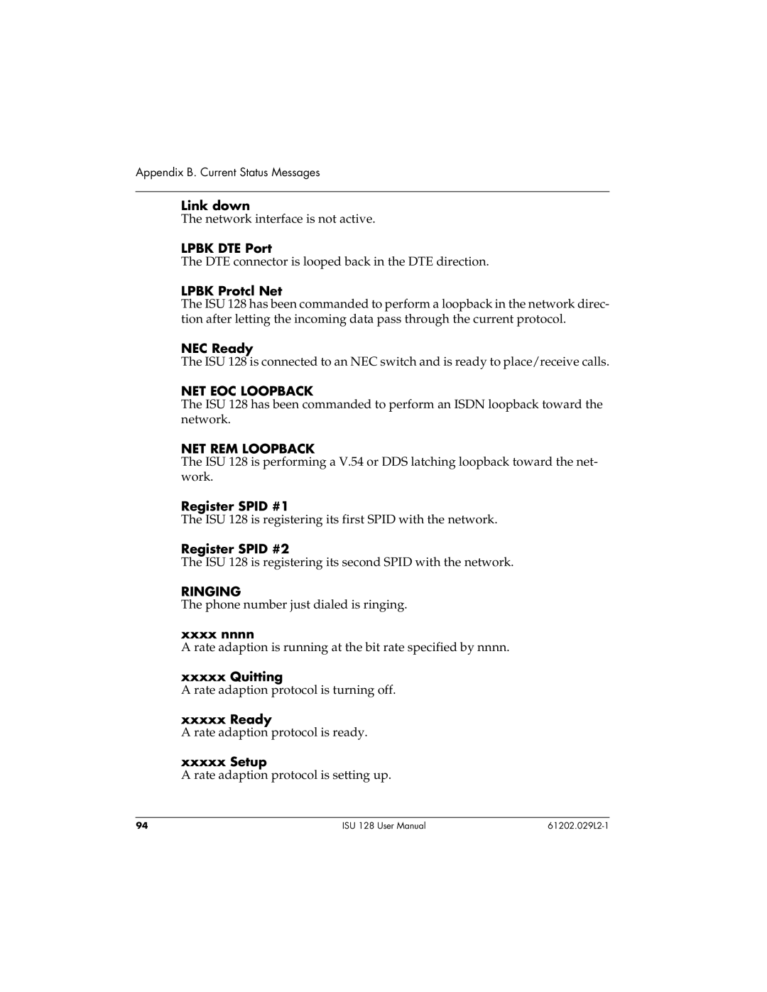 ADTRAN ISU 128 user manual NET EOC Loopback, NET REM Loopback, Ringing 