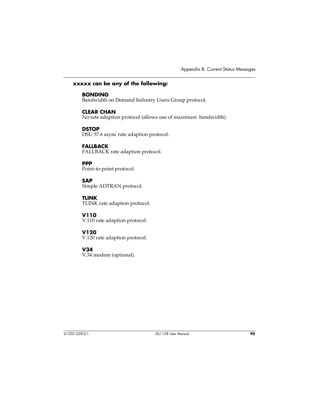 ADTRAN ISU 128 user manual Bonding, Clear Chan, Dstop, Fallback, Ppp, Sap, Tlink 