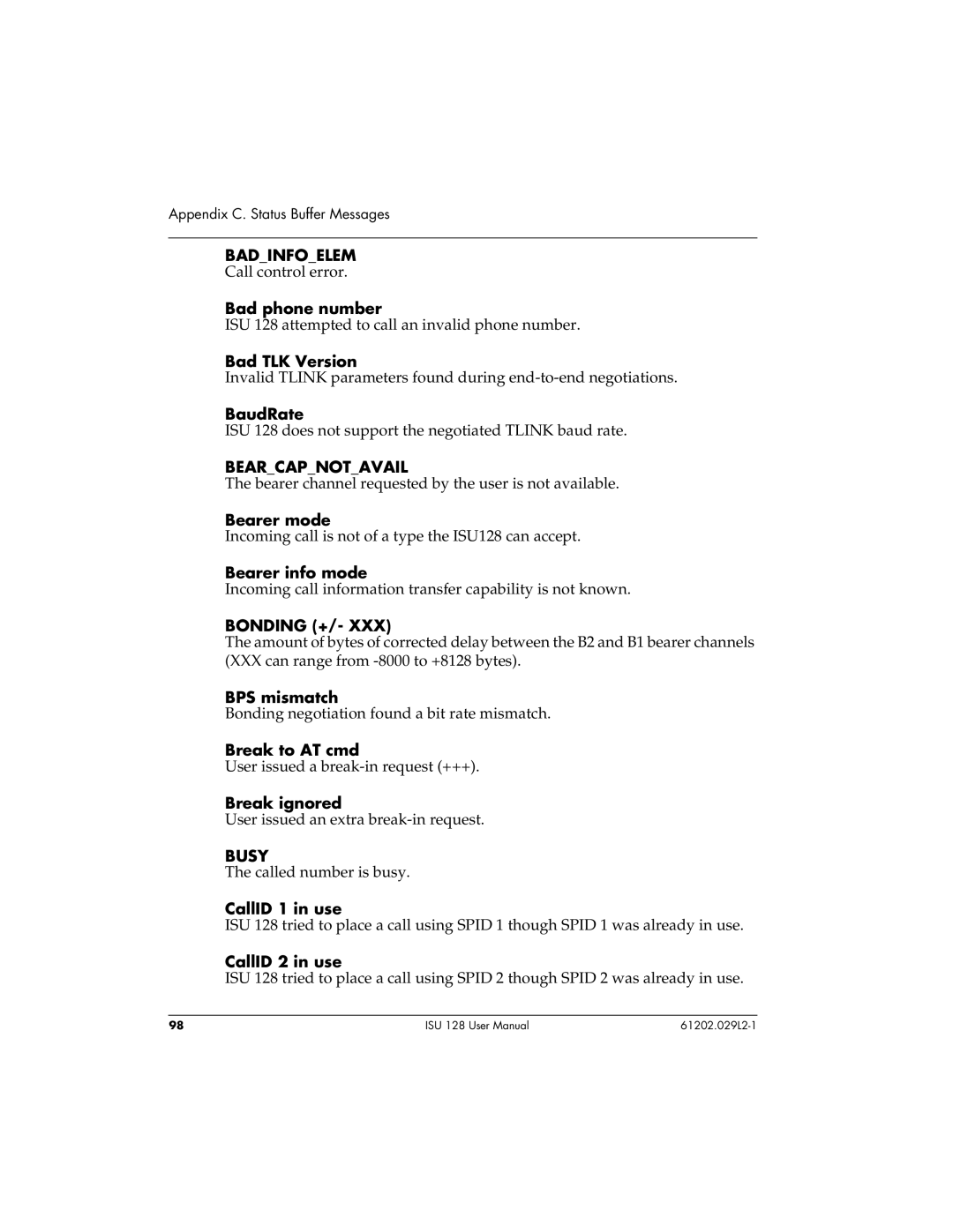 ADTRAN ISU 128 user manual Badinfoelem, Bearcapnotavail, Bonding +, Busy 