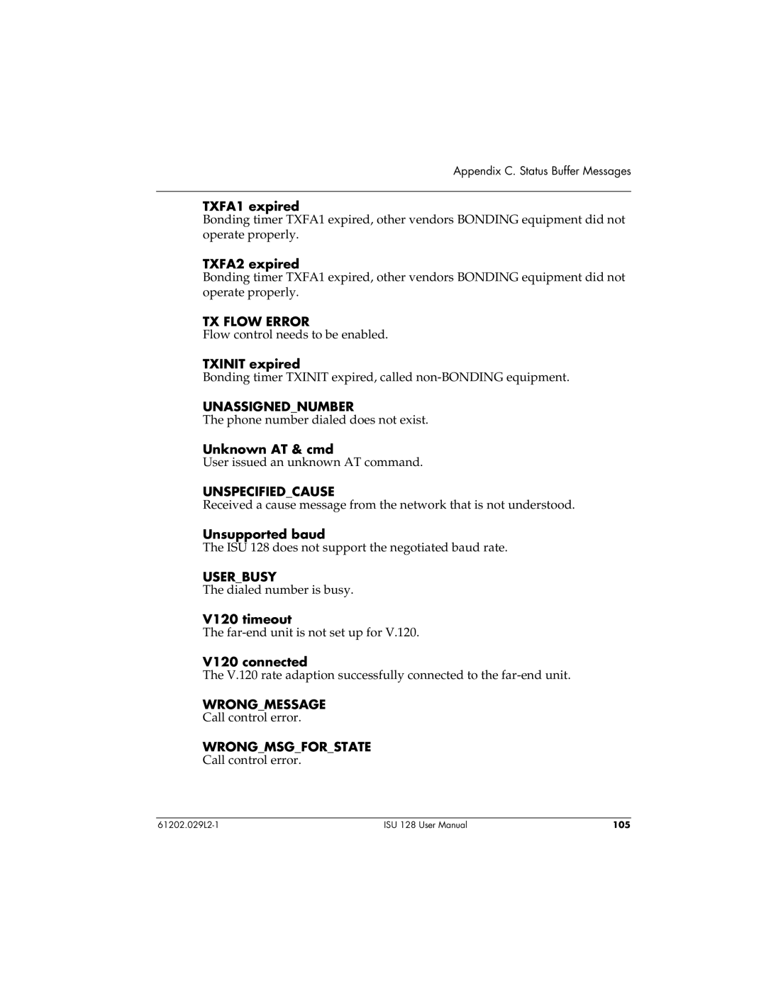 ADTRAN ISU 128 user manual TX Flow Error, Unassignednumber, Unspecifiedcause, Userbusy, Wrongmessage, Wrongmsgforstate 