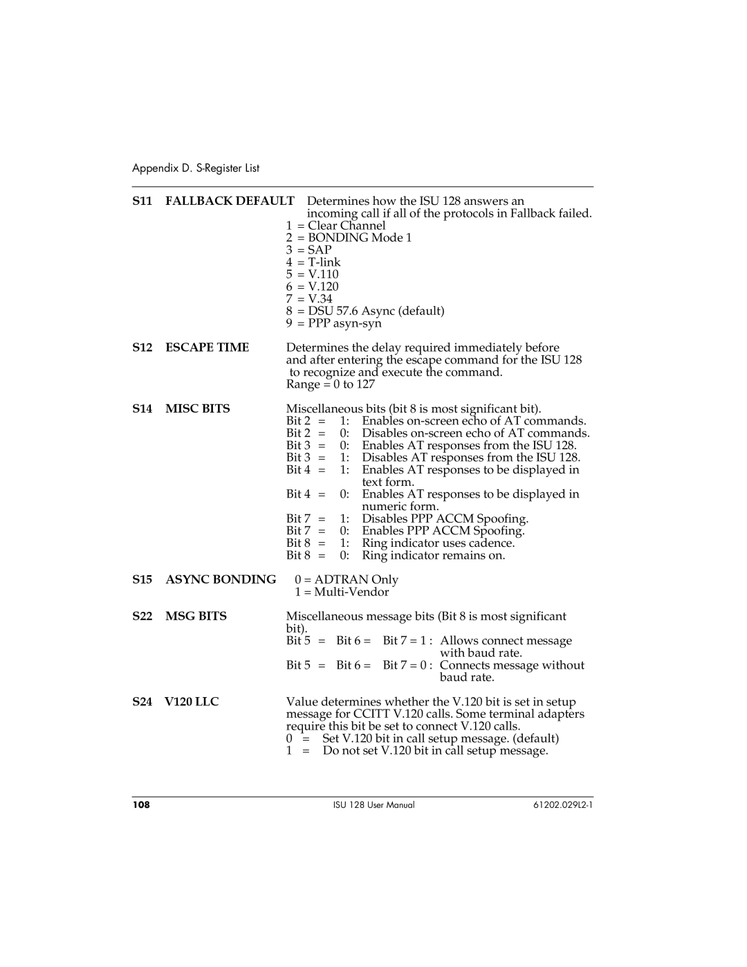 ADTRAN ISU 128 user manual Escape Time, Misc Bits, Async Bonding, MSG Bits 