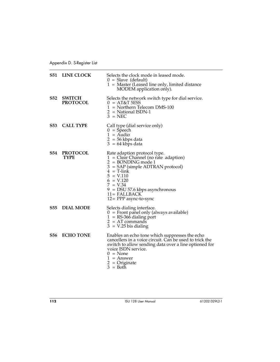 ADTRAN ISU 128 user manual Line Clock, Switch, Protocol, Call Type, Dial Mode, Echo Tone 