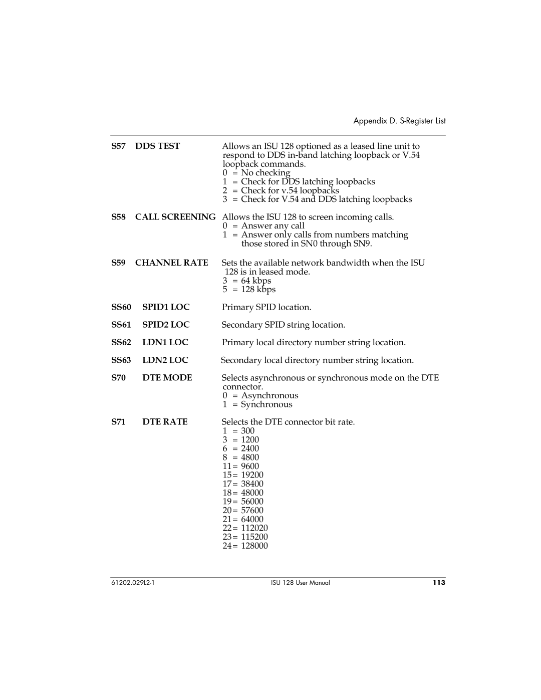 ADTRAN ISU 128 user manual DDS Test, SPID1 LOC, SPID2 LOC, LDN1 LOC, LDN2 LOC, DTE Mode, DTE Rate 