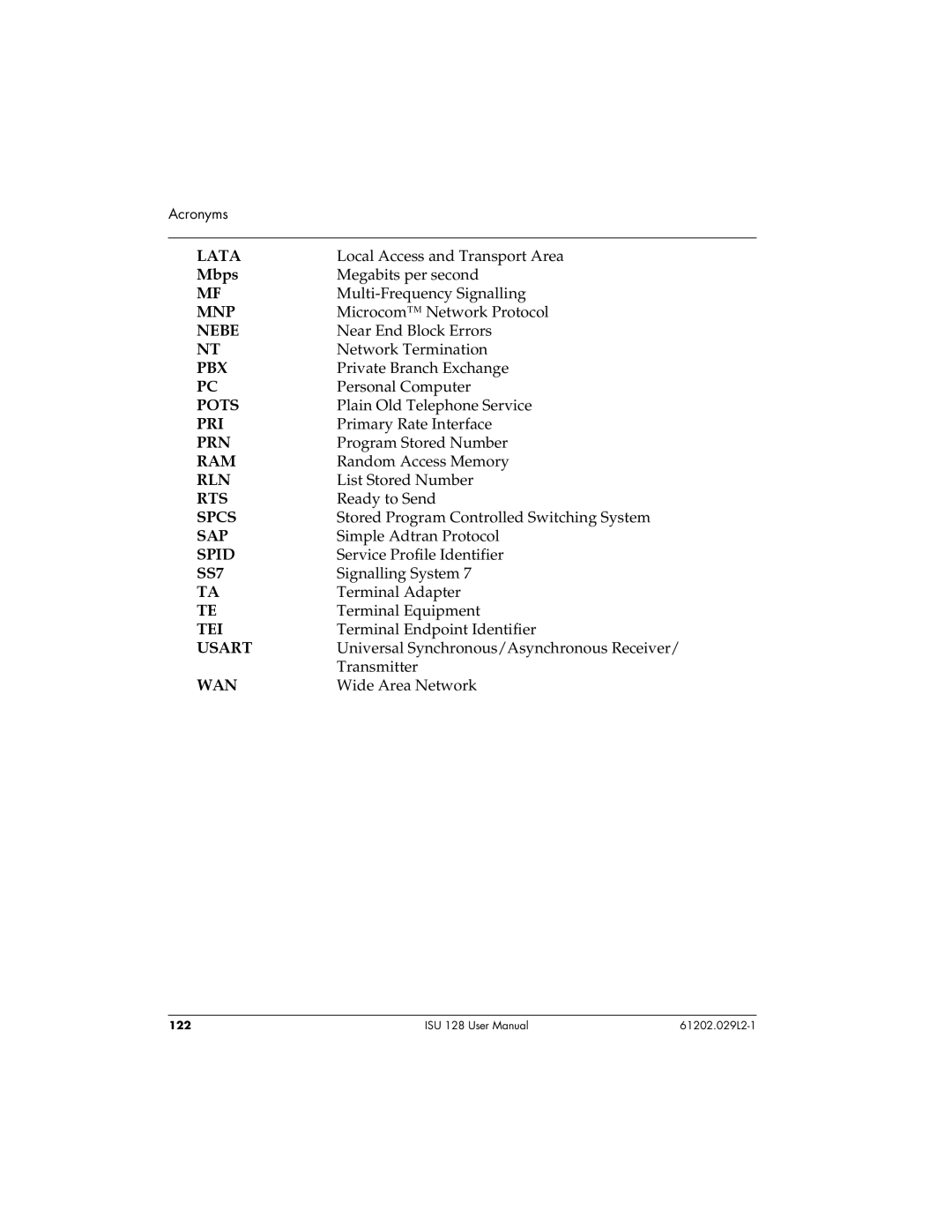 ADTRAN ISU 128 user manual Lata, Mnp, Nebe, Pbx, Pots, Pri, Prn, Ram, Rln, Rts, Spcs, Spid, SS7, Tei, Usart, Wan 