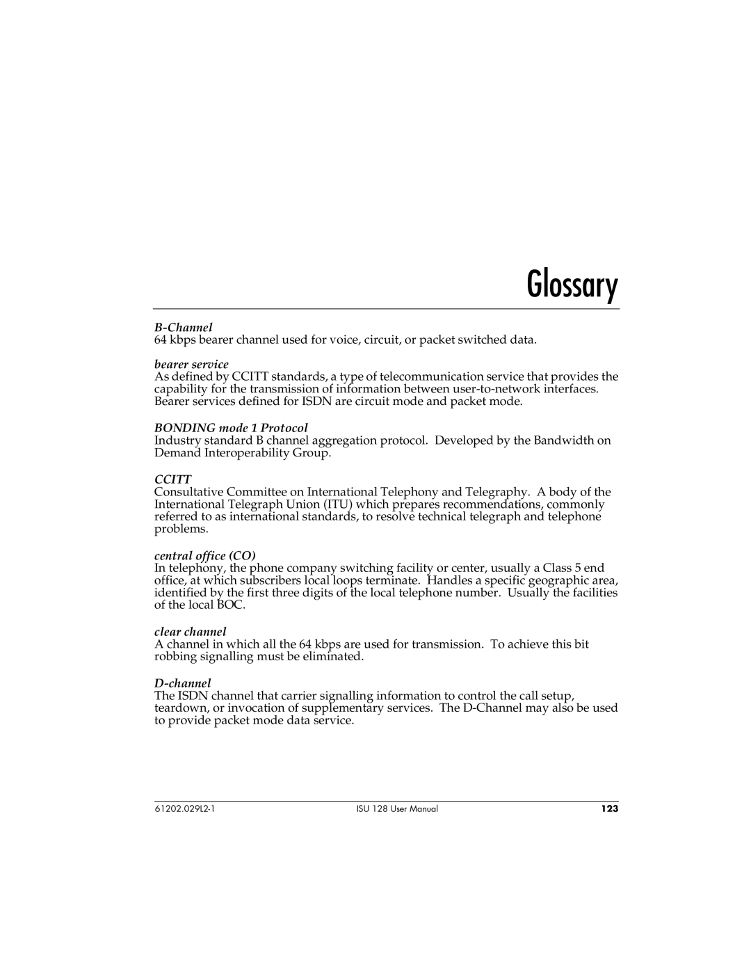 ADTRAN ISU 128 user manual Glossary, Bearer service 