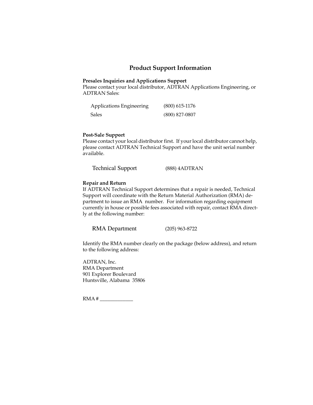 ADTRAN ISU 128 user manual Product Support Information, Presales Inquiries and Applications Support, Post-Sale Support 