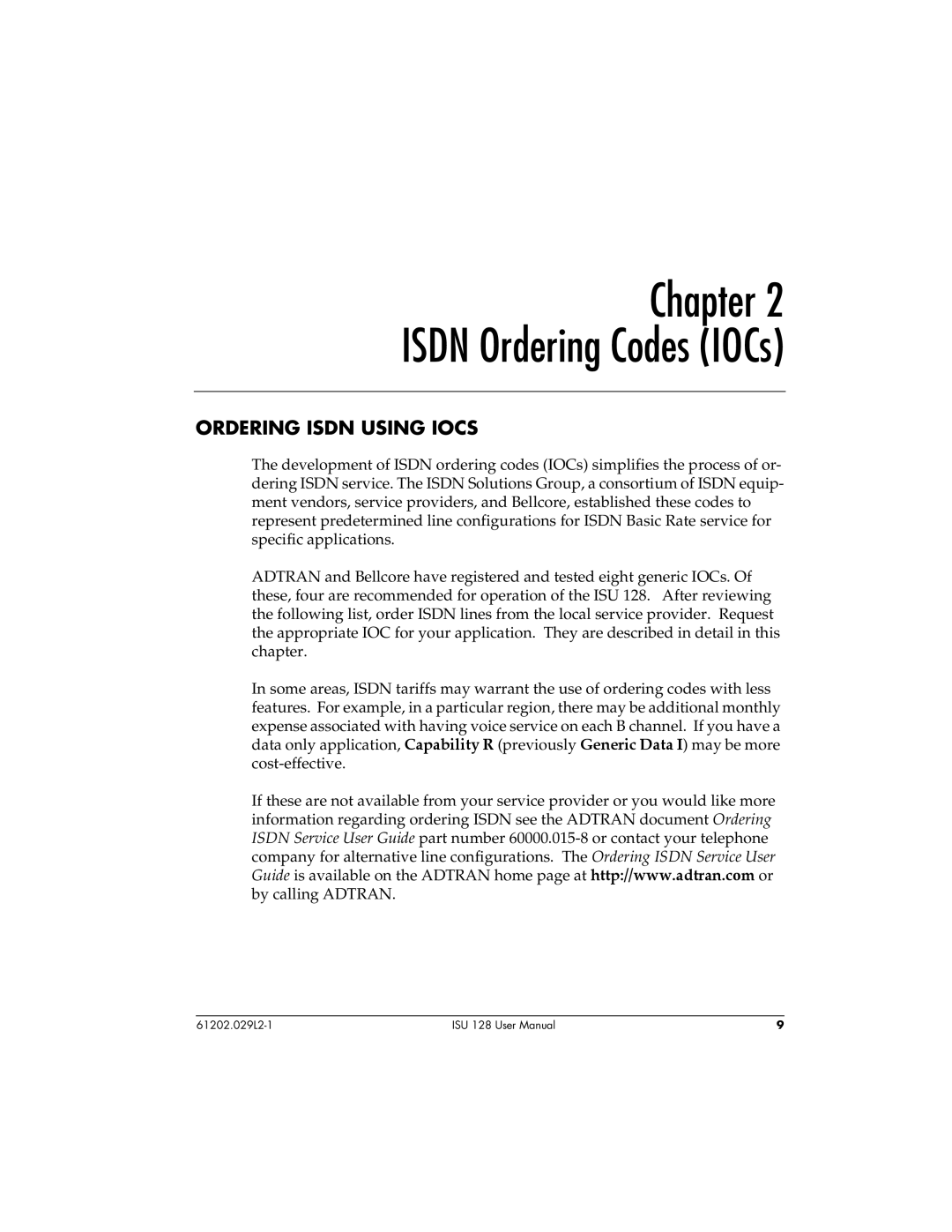 ADTRAN ISU 128 user manual Chapter Isdn Ordering Codes IOCs, Ordering Isdn Using Iocs 