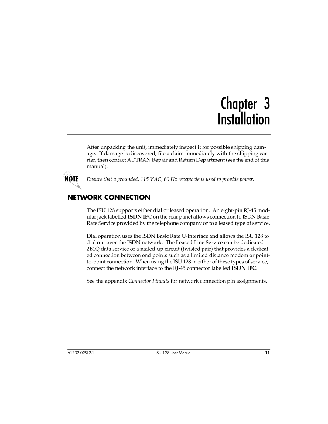 ADTRAN ISU 128 user manual Chapter Installation, Network Connection 