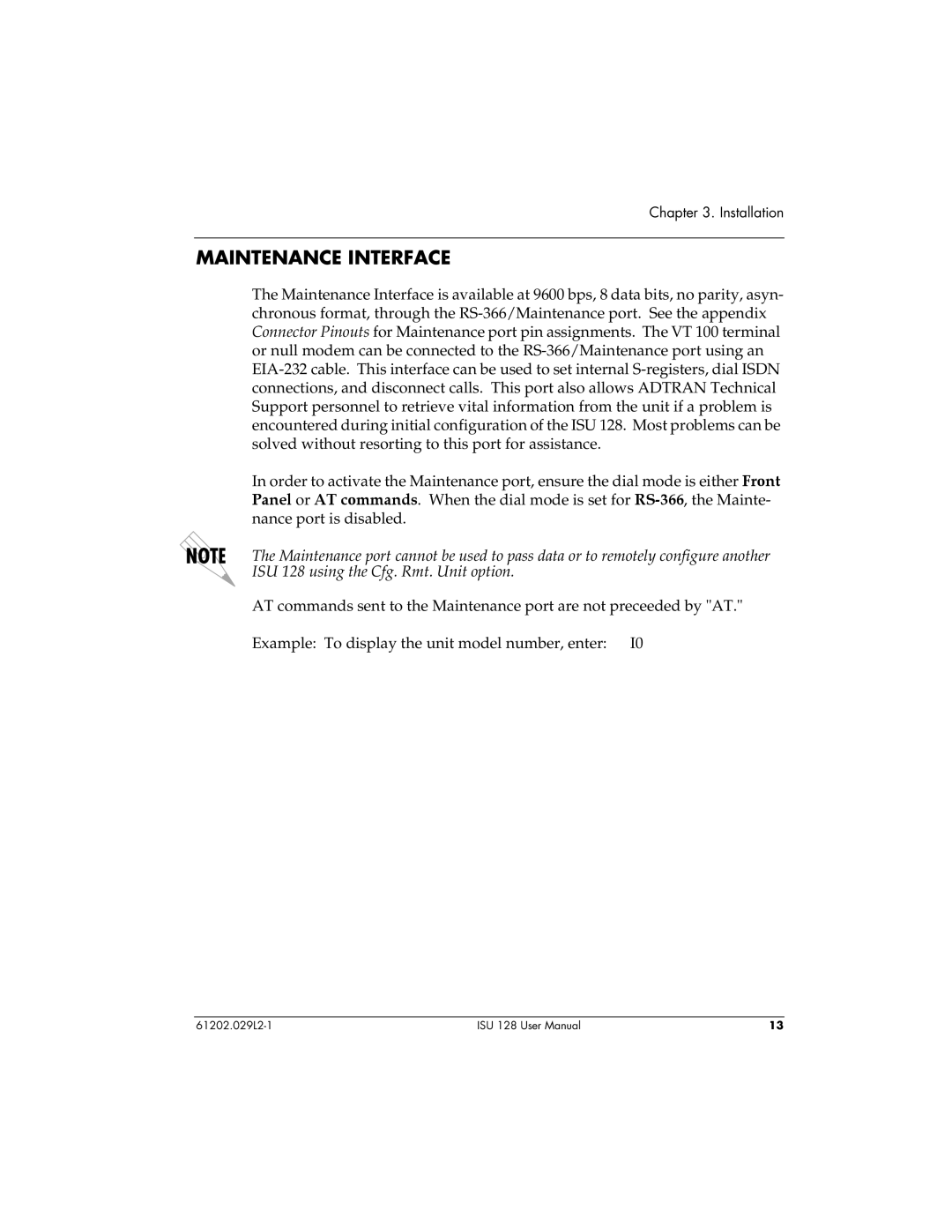 ADTRAN ISU 128 user manual Maintenance Interface 