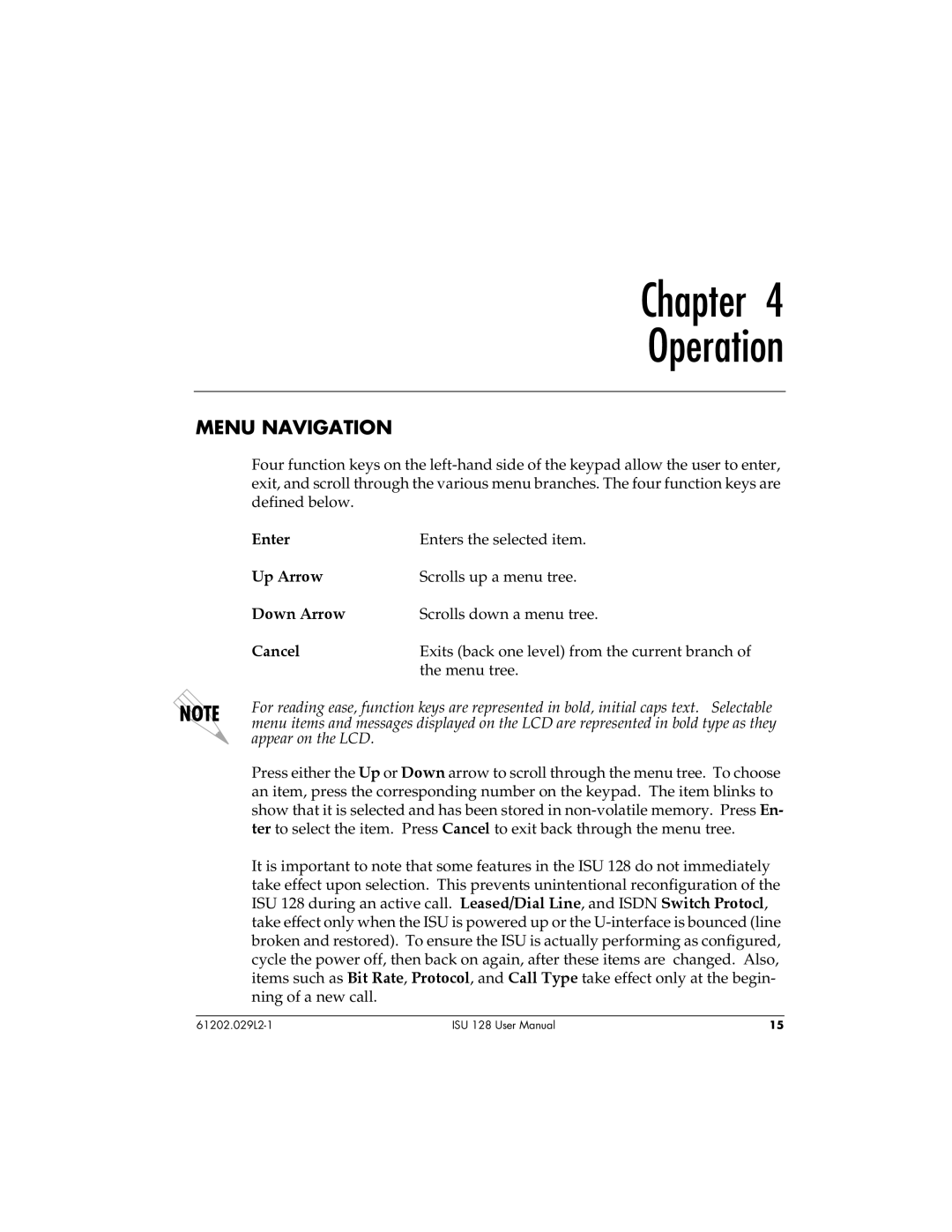 ADTRAN ISU 128 user manual Chapter Operation, Menu Navigation 