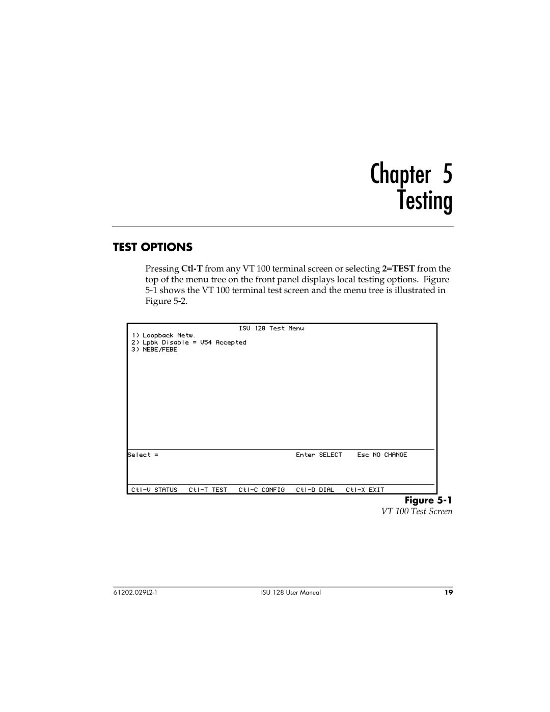 ADTRAN ISU 128 user manual Chapter Testing, Test Options, VT 100 Test Screen 