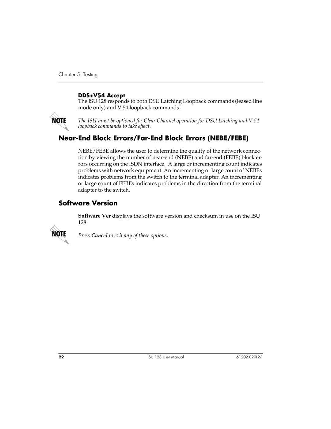 ADTRAN ISU 128 user manual Near-End Block Errors/Far-End Block Errors NEBE/FEBE, Software Version, DDS+V54 Accept 