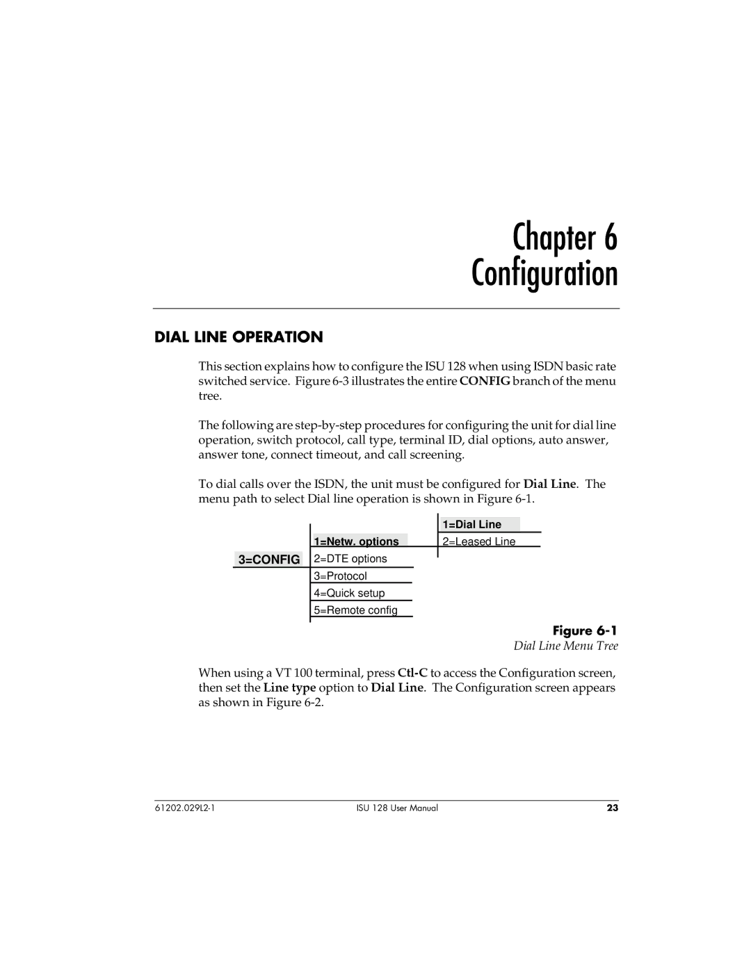 ADTRAN ISU 128 user manual Chapter Configuration, Dial Line Operation, Dial Line Menu Tree 