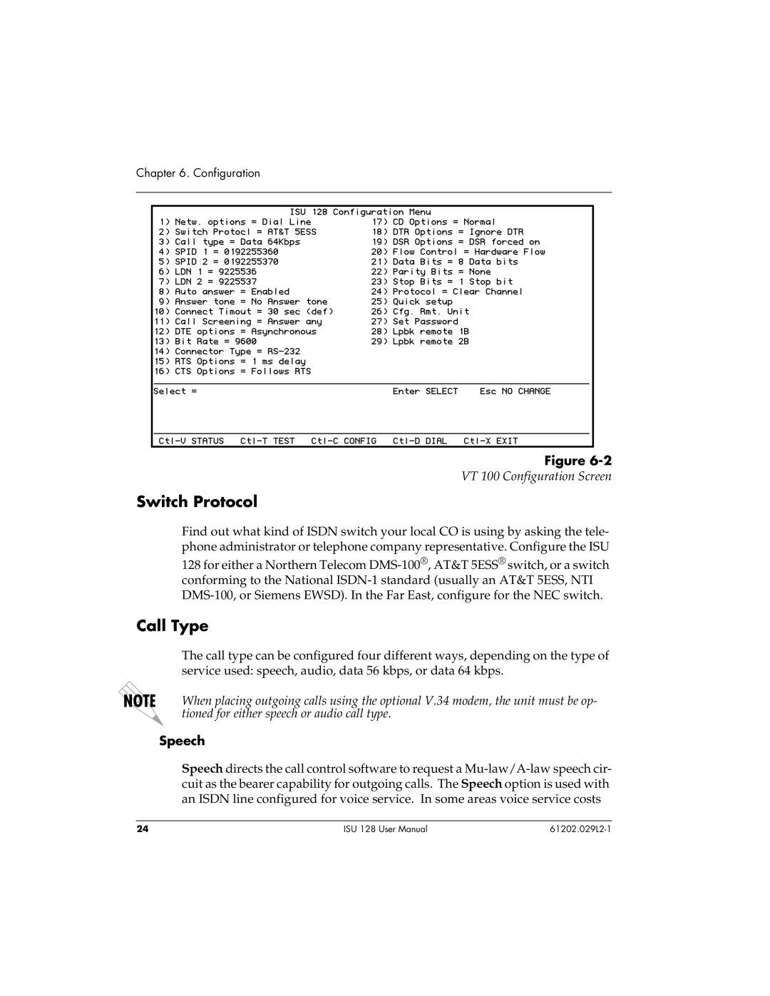 ADTRAN ISU 128 user manual Switch Protocol, Call Type, Speech 