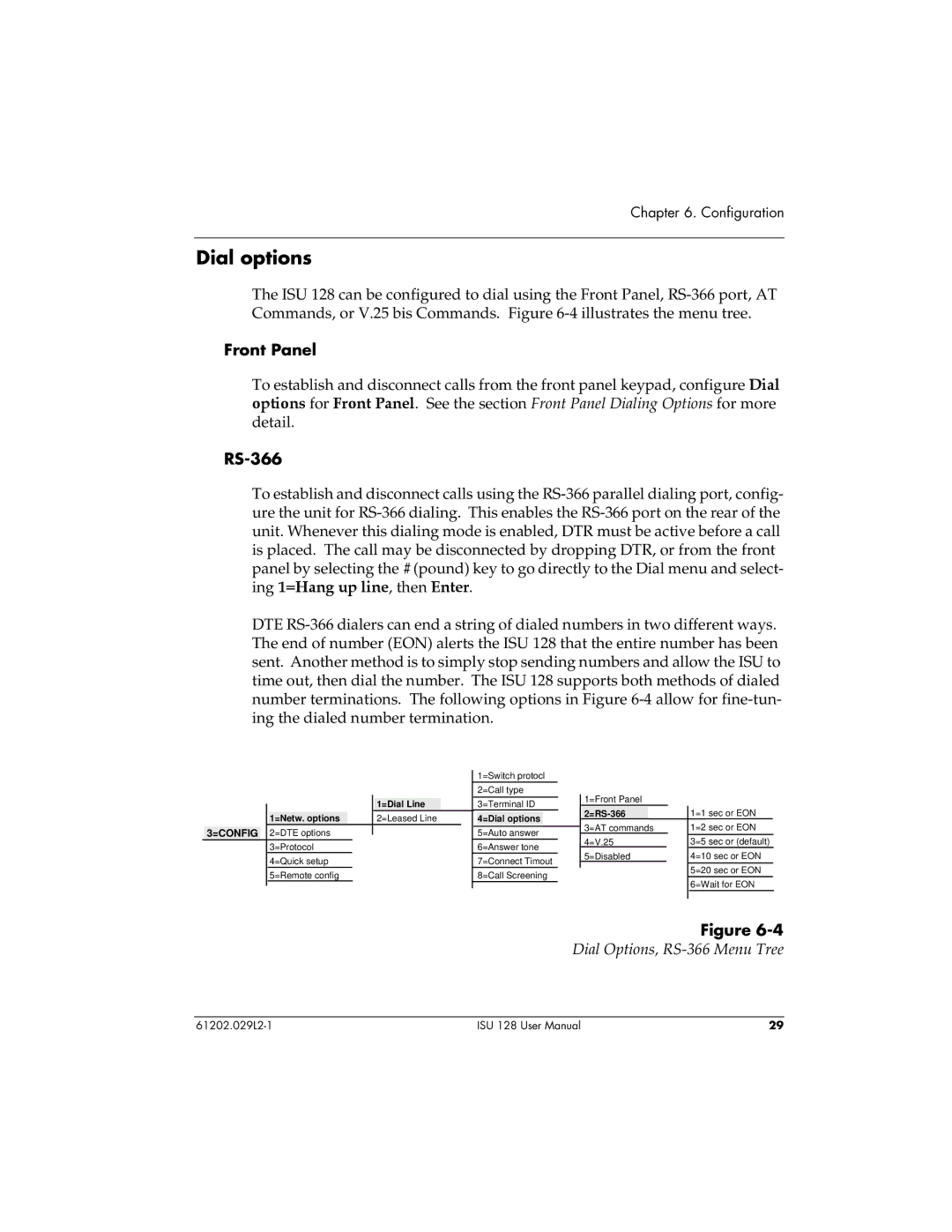 ADTRAN ISU 128 user manual Dial options, Front Panel, Dial Options, RS-366 Menu Tree 