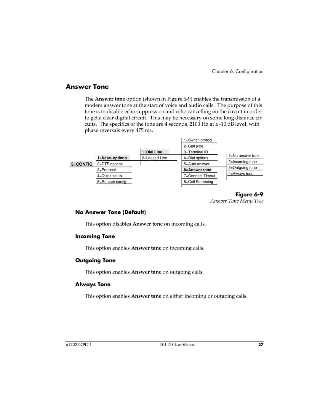 ADTRAN ISU 128 user manual No Answer Tone Default, Incoming Tone, Outgoing Tone, Always Tone 