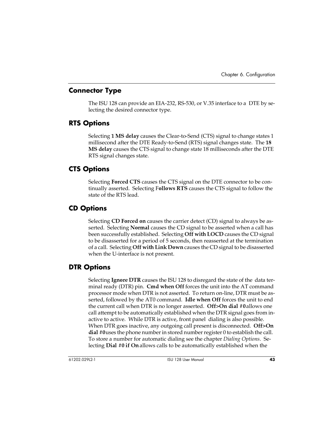 ADTRAN ISU 128 user manual Connector Type, RTS Options, CTS Options, CD Options, DTR Options 