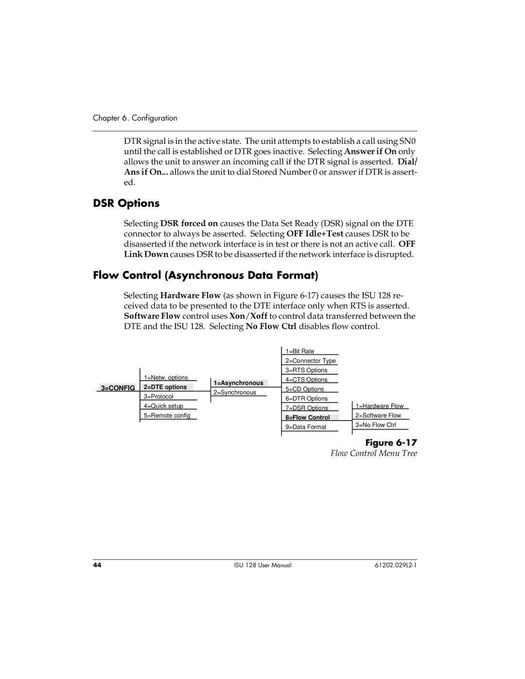 ADTRAN ISU 128 user manual DSR Options, Flow Control Asynchronous Data Format, Flow Control Menu Tree 