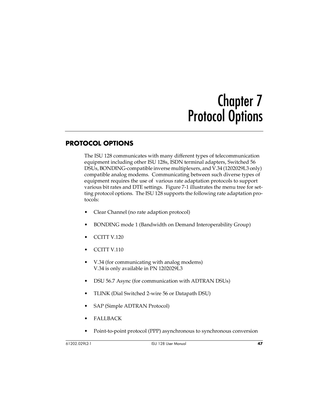 ADTRAN ISU 128 user manual Chapter Protocol Options 