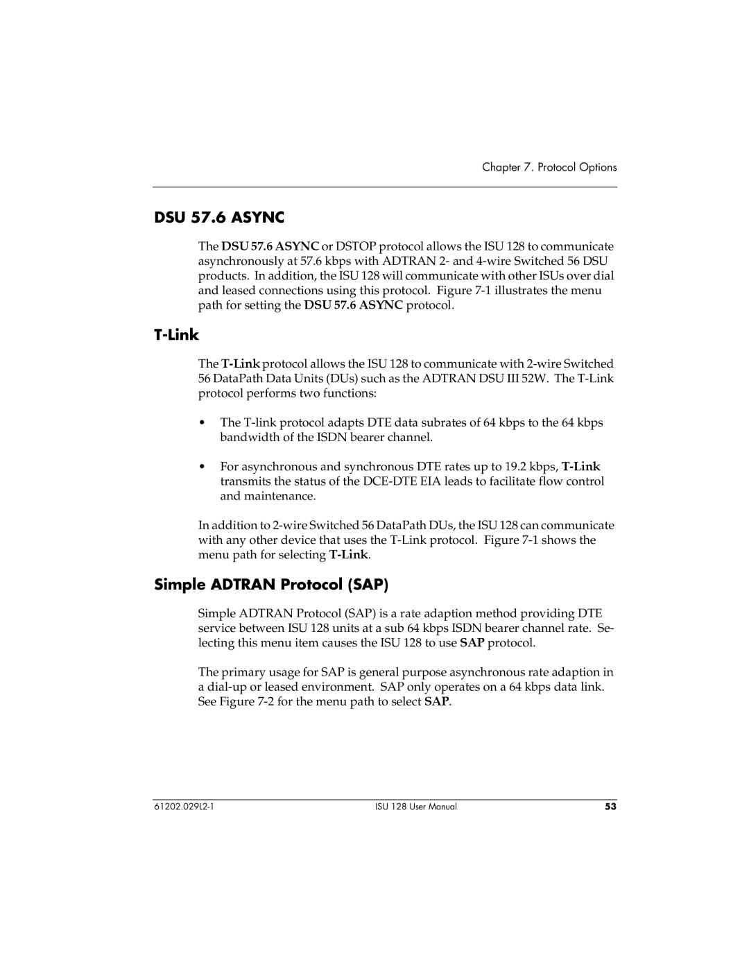 ADTRAN ISU 128 user manual DSU 57.6 Async, Link, Simple Adtran Protocol SAP 