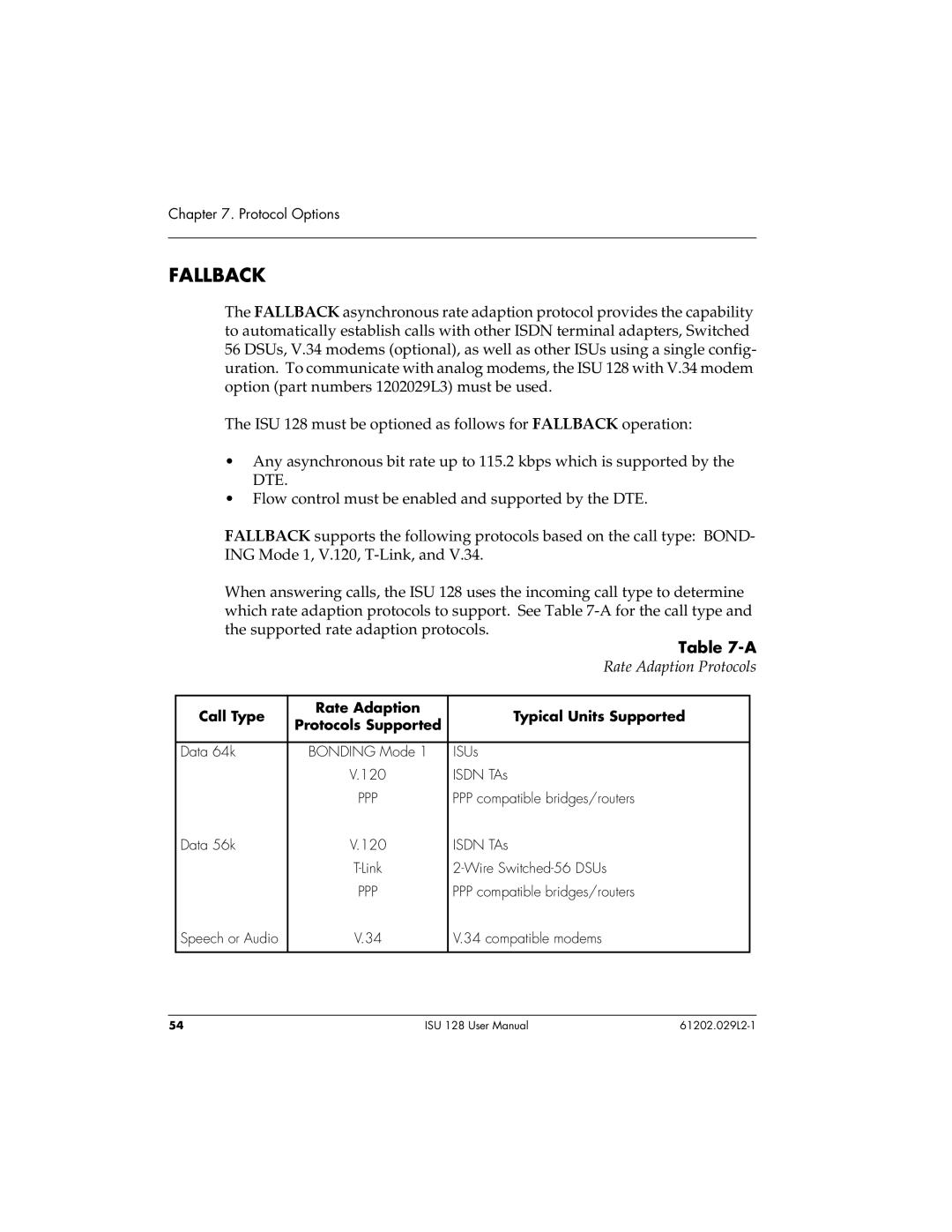 ADTRAN ISU 128 user manual Fallback, Rate Adaption Protocols 