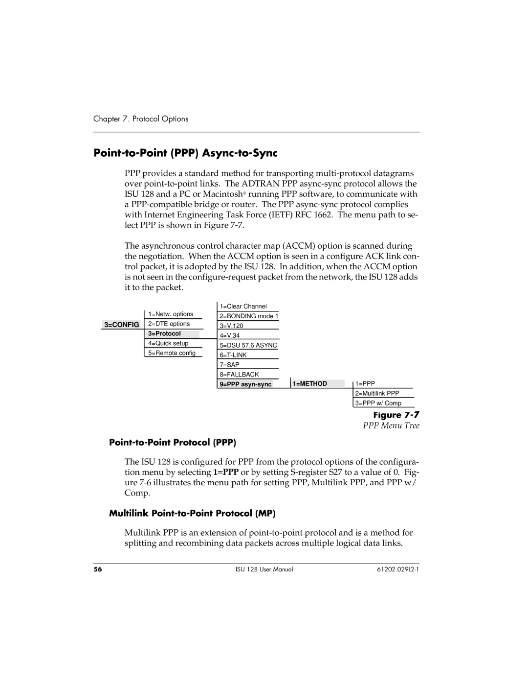 ADTRAN ISU 128 user manual Point-to-Point PPP Async-to-Sync, PPP Menu Tree, Point-to-Point Protocol PPP 