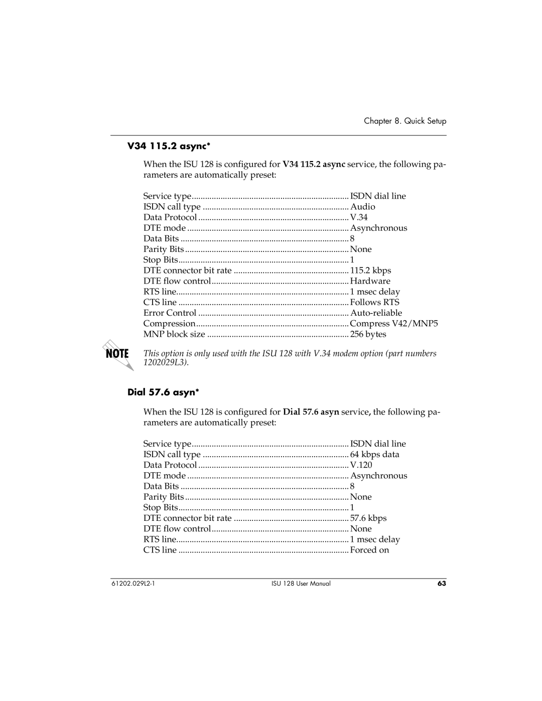 ADTRAN ISU 128 user manual V34 115.2 async, Dial 57.6 asyn 