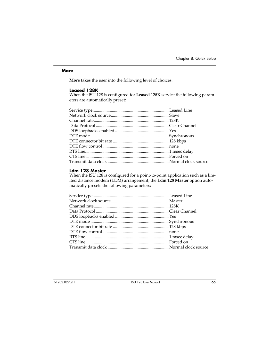 ADTRAN ISU 128 user manual More, Leased 128K, Ldm 128 Master 