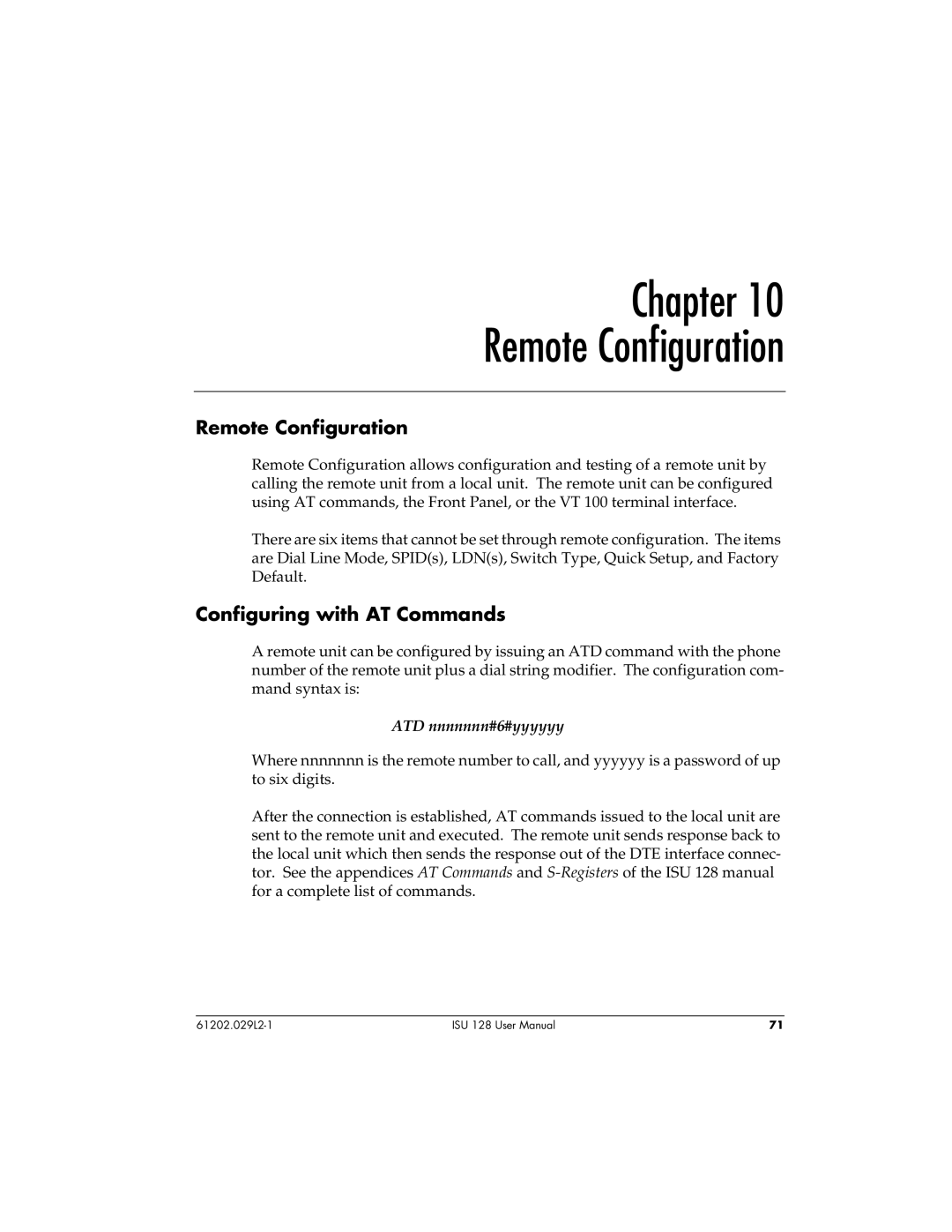 ADTRAN ISU 128 user manual Chapter Remote Configuration, Configuring with AT Commands 