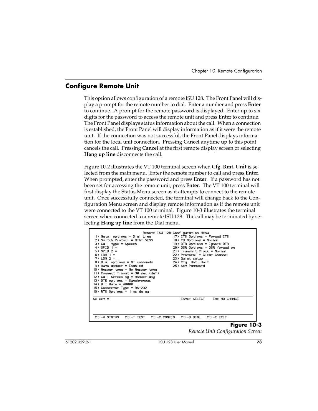 ADTRAN ISU 128 user manual Configure Remote Unit, Remote Unit Configuration Screen 