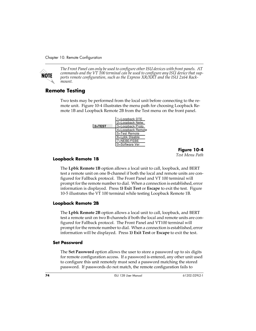 ADTRAN ISU 128 user manual Remote Testing, Loopback Remote 1B, Test Menu Path, Loopback Remote 2B, Set Password 