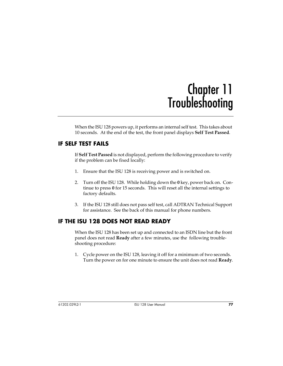 ADTRAN user manual Chapter Troubleshooting, If Self Test Fails, If the ISU 128 does not Read Ready 