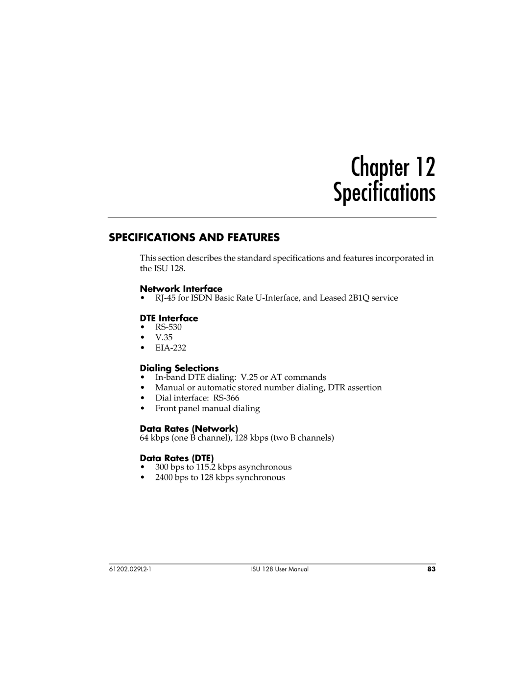 ADTRAN ISU 128 user manual Chapter Specifications, Specifications and Features 