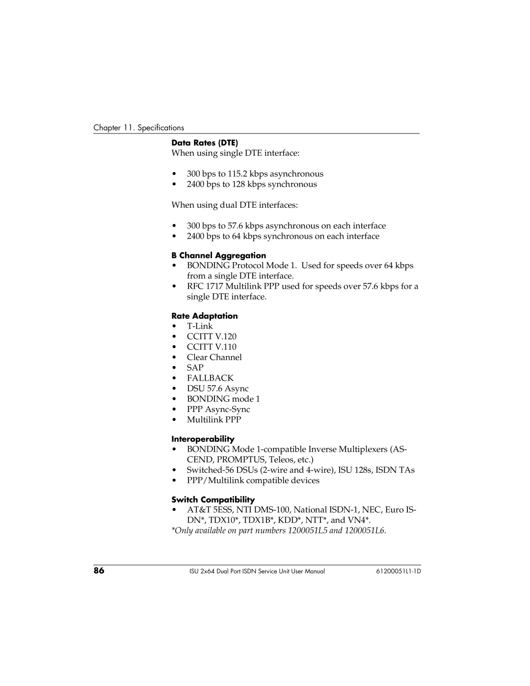 ADTRAN ISU 2X64 user manual SAP Fallback, Only available on part numbers 1200051L5 and 1200051L6 