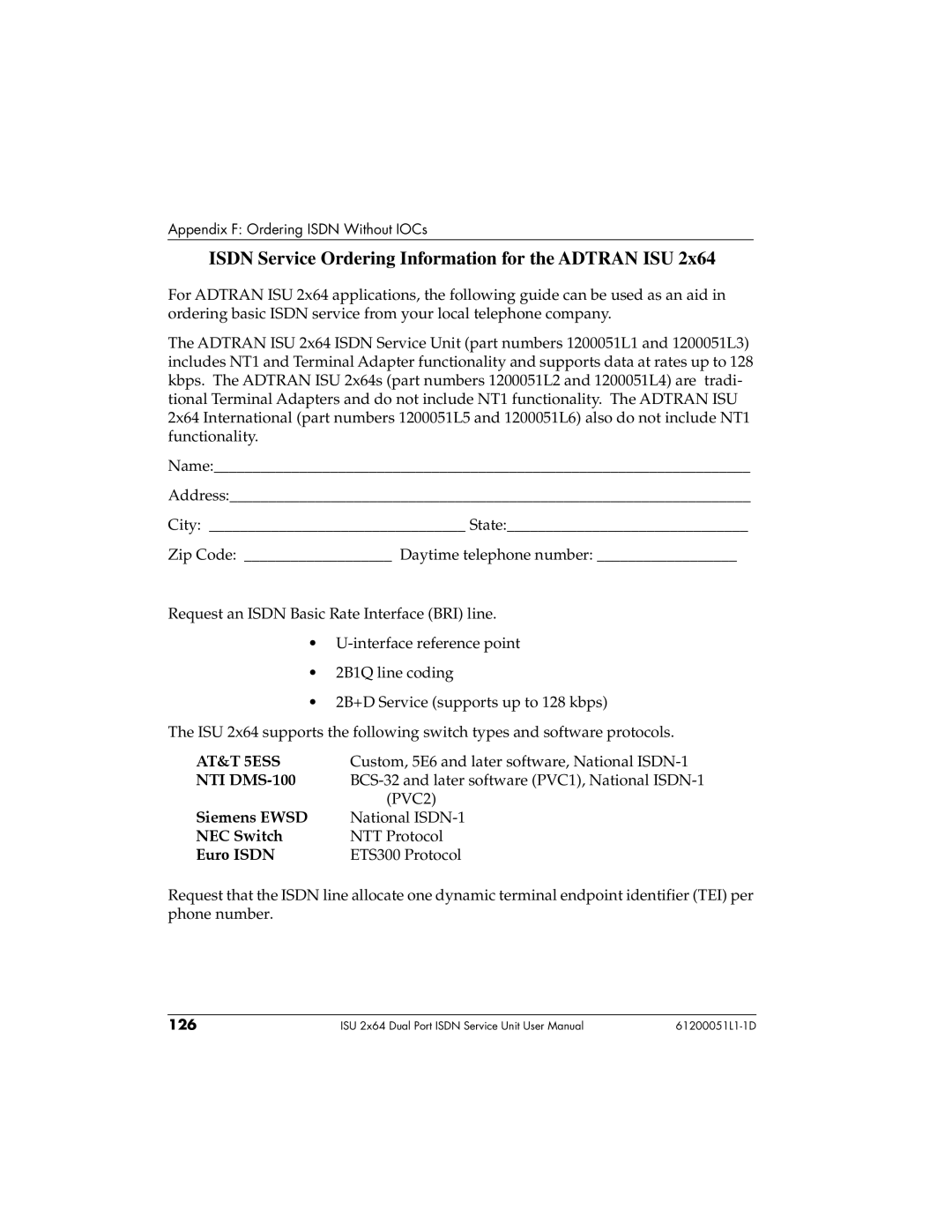 ADTRAN ISU 2X64 user manual Isdn Service Ordering Information for the Adtran ISU 