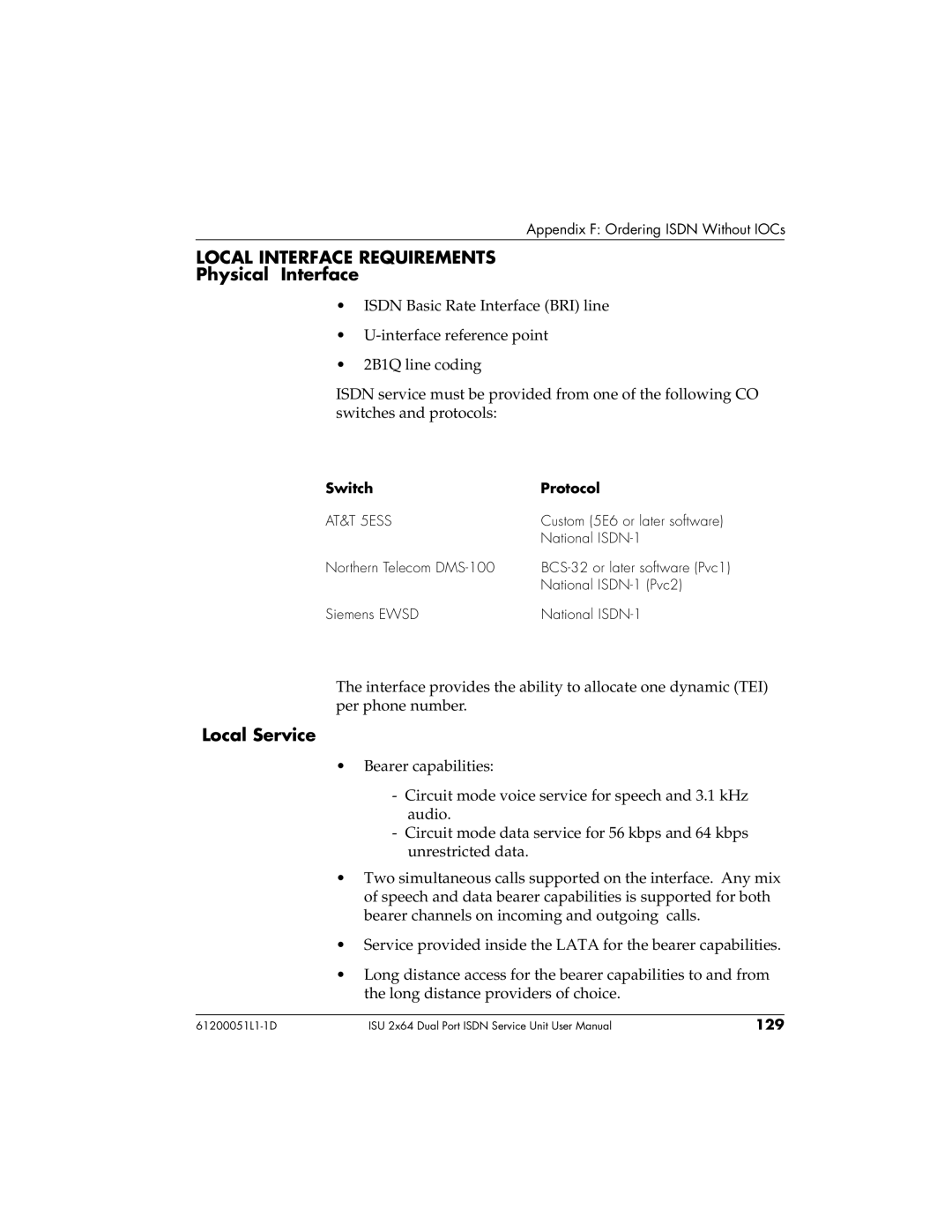 ADTRAN ISU 2X64 user manual Local Interface Requirements, Physical Interface, Local Service 