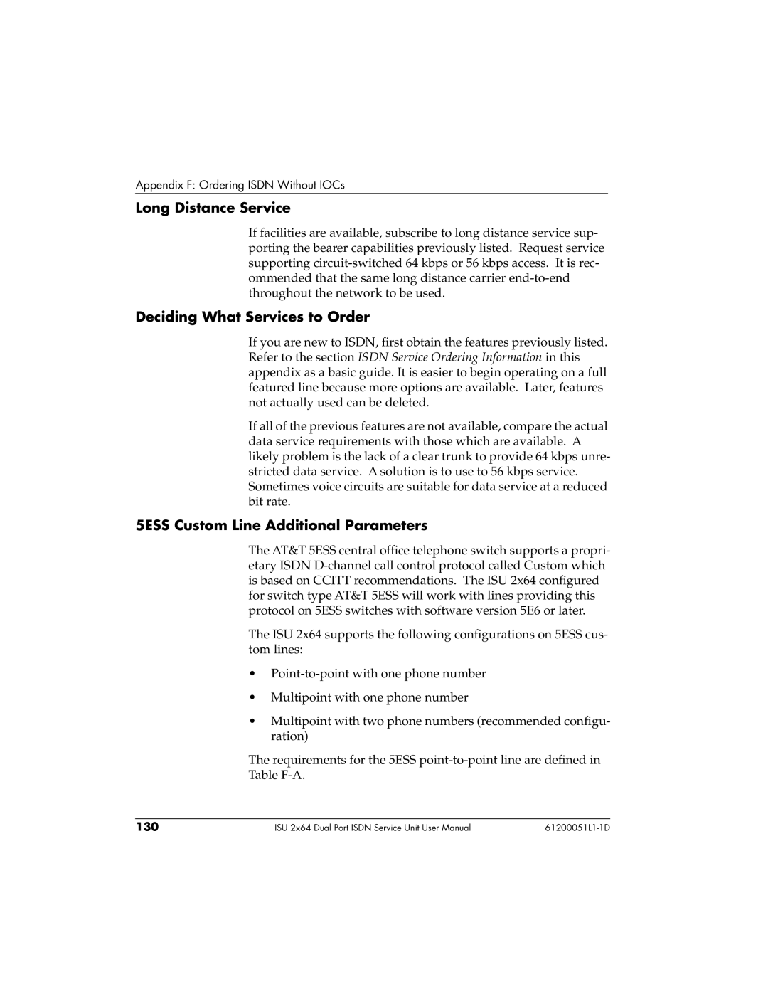 ADTRAN ISU 2X64 user manual Long Distance Service, Deciding What Services to Order, 5ESS Custom Line Additional Parameters 