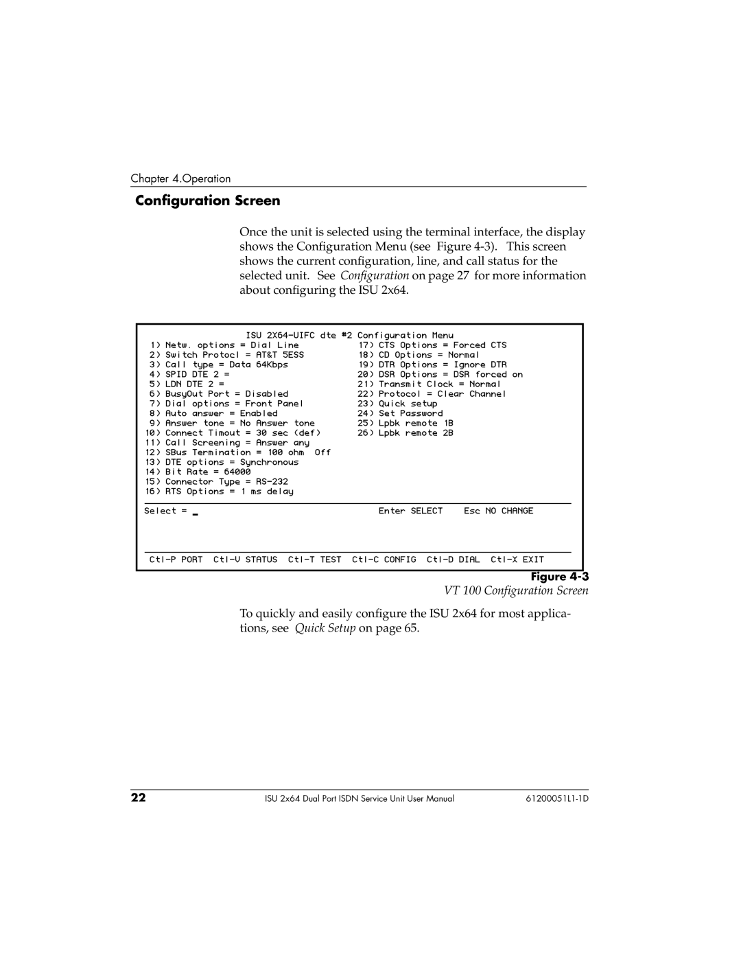 ADTRAN ISU 2X64 user manual VT 100 Configuration Screen 