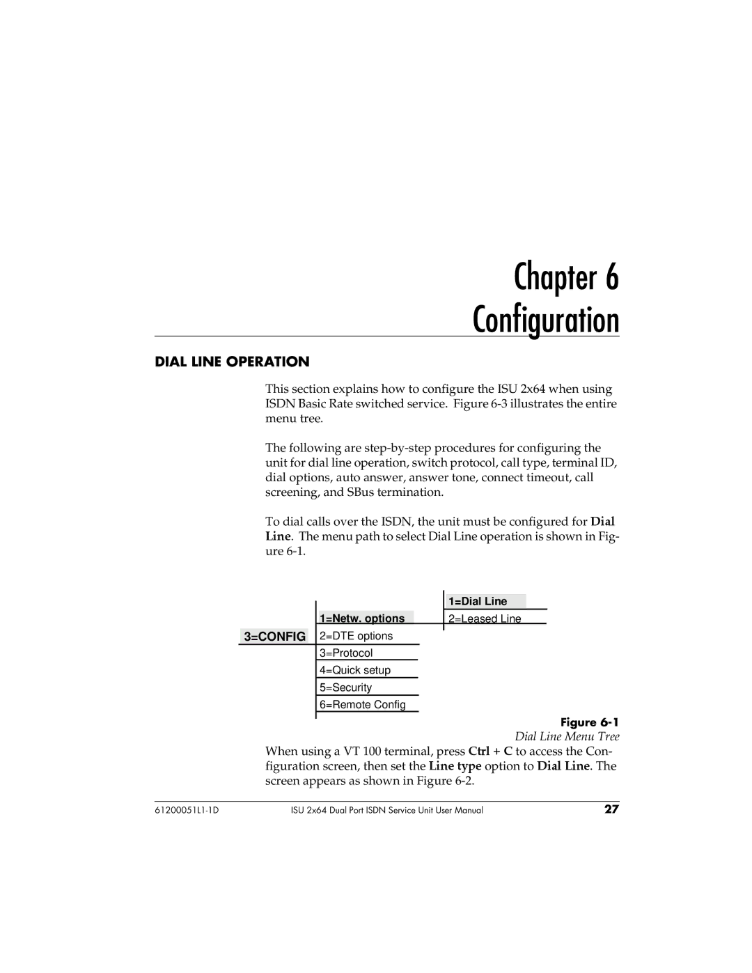 ADTRAN ISU 2X64 user manual Chapter Configuration, Dial Line Operation, Dial Line Menu Tree 