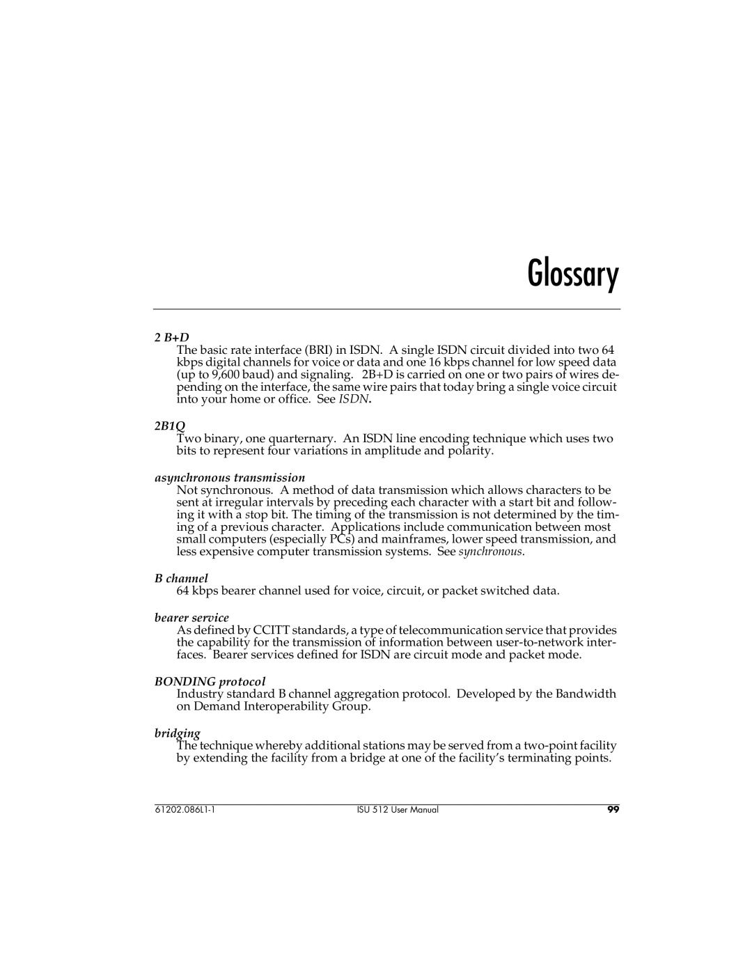 ADTRAN ISU 512 user manual Glossary, 2B1Q 