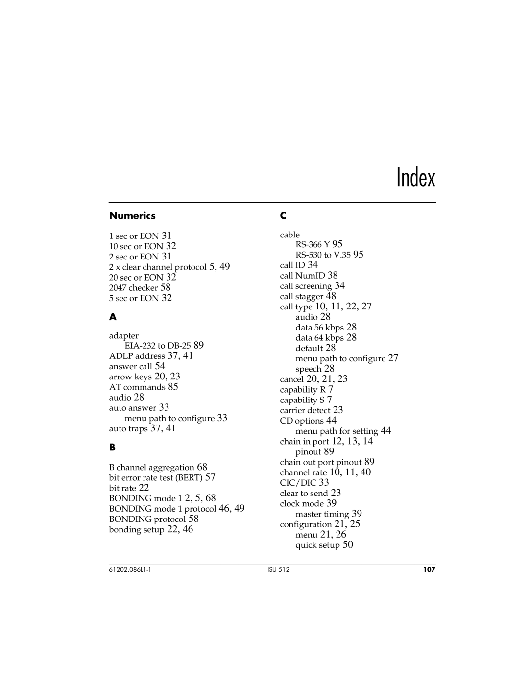 ADTRAN ISU 512 user manual Index, Numerics 