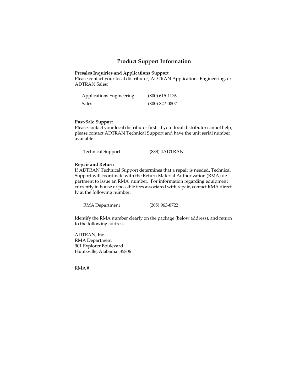 ADTRAN ISU 512 user manual Product Support Information, Presales Inquiries and Applications Support, Post-Sale Support 