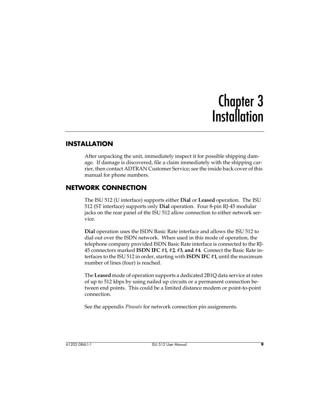 ADTRAN ISU 512 user manual Chapter Installation, Network Connection 