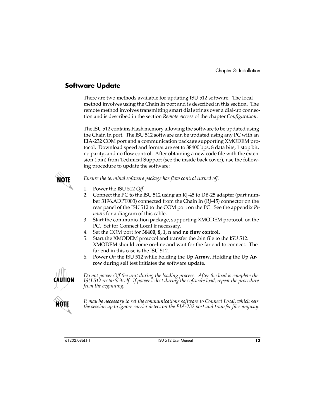 ADTRAN ISU 512 user manual Software Update, Set the COM port for 38400, 8, 1, n and no flow control 