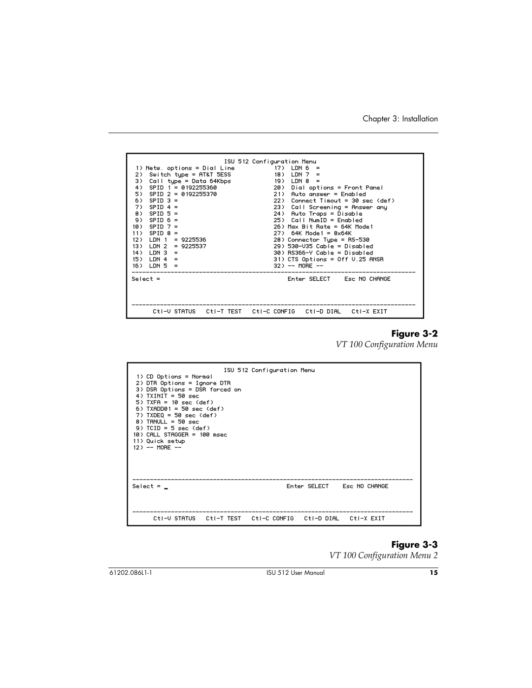 ADTRAN ISU 512 user manual VT 100 Configuration Menu 