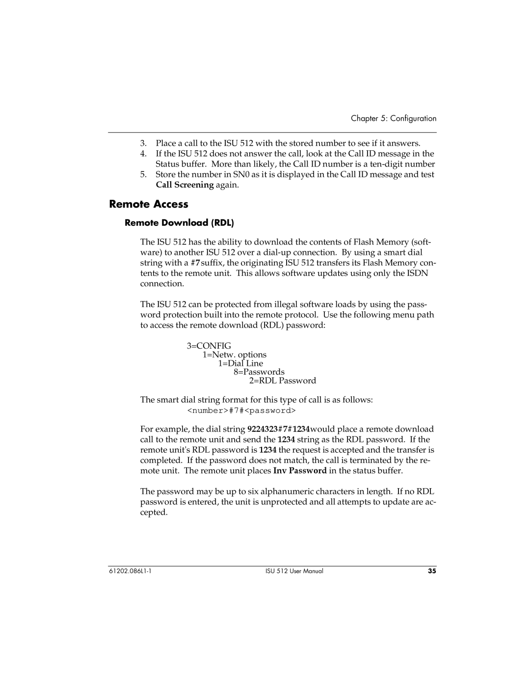 ADTRAN ISU 512 user manual Remote Access, Call Screening again, Remote Download RDL 