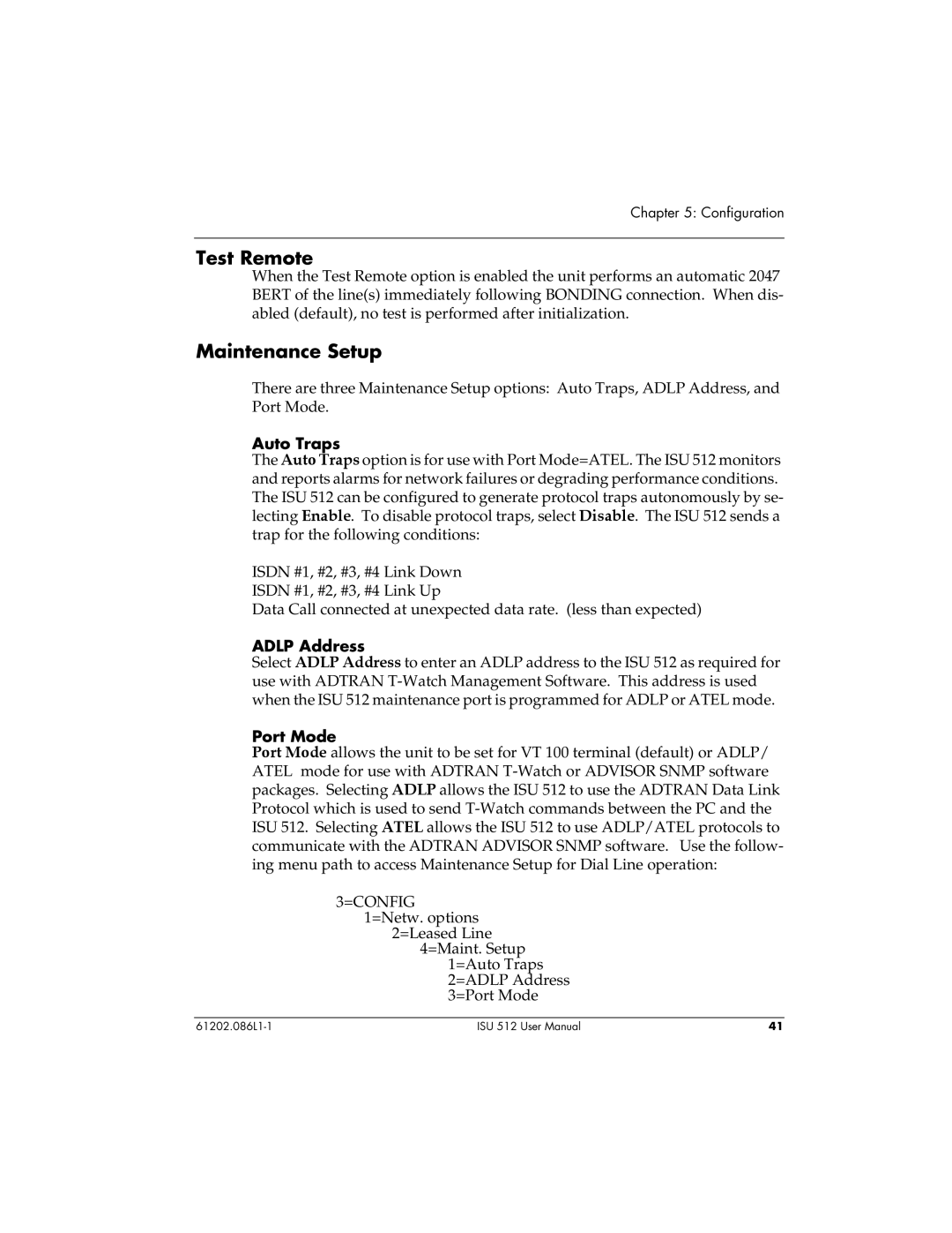 ADTRAN ISU 512 user manual Test Remote, Maintenance Setup 