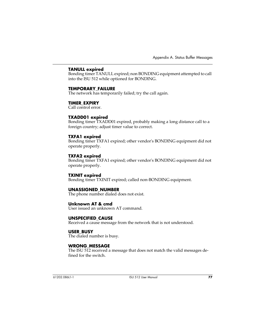 ADTRAN ISU 512 user manual Temporaryfailure, Timerexpiry, Unassignednumber, Unspecifiedcause, Userbusy, Wrongmessage 